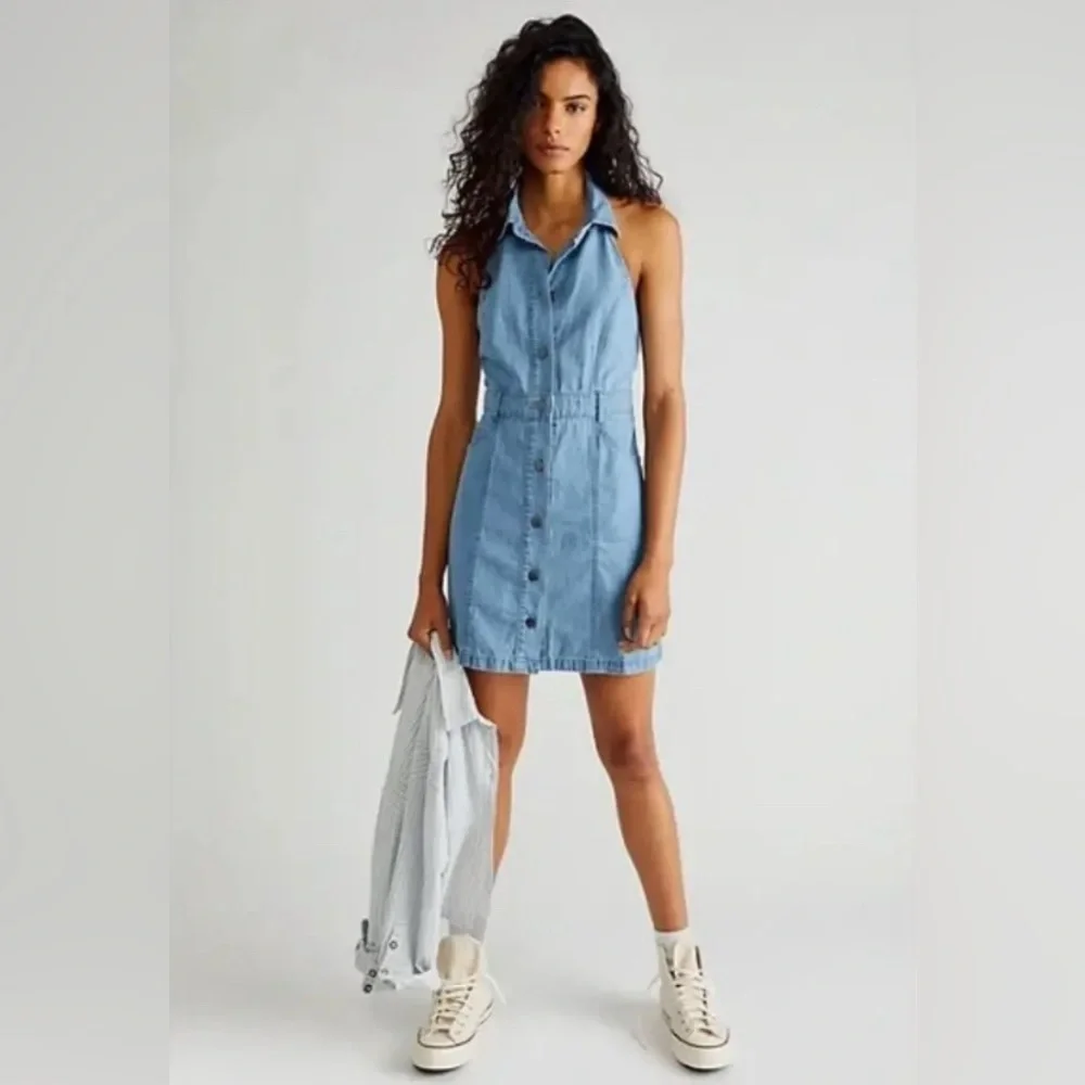 Free People Women's Blue Sami Denim Collared Halter Mini Dress Size S - Picture 2 of 6
